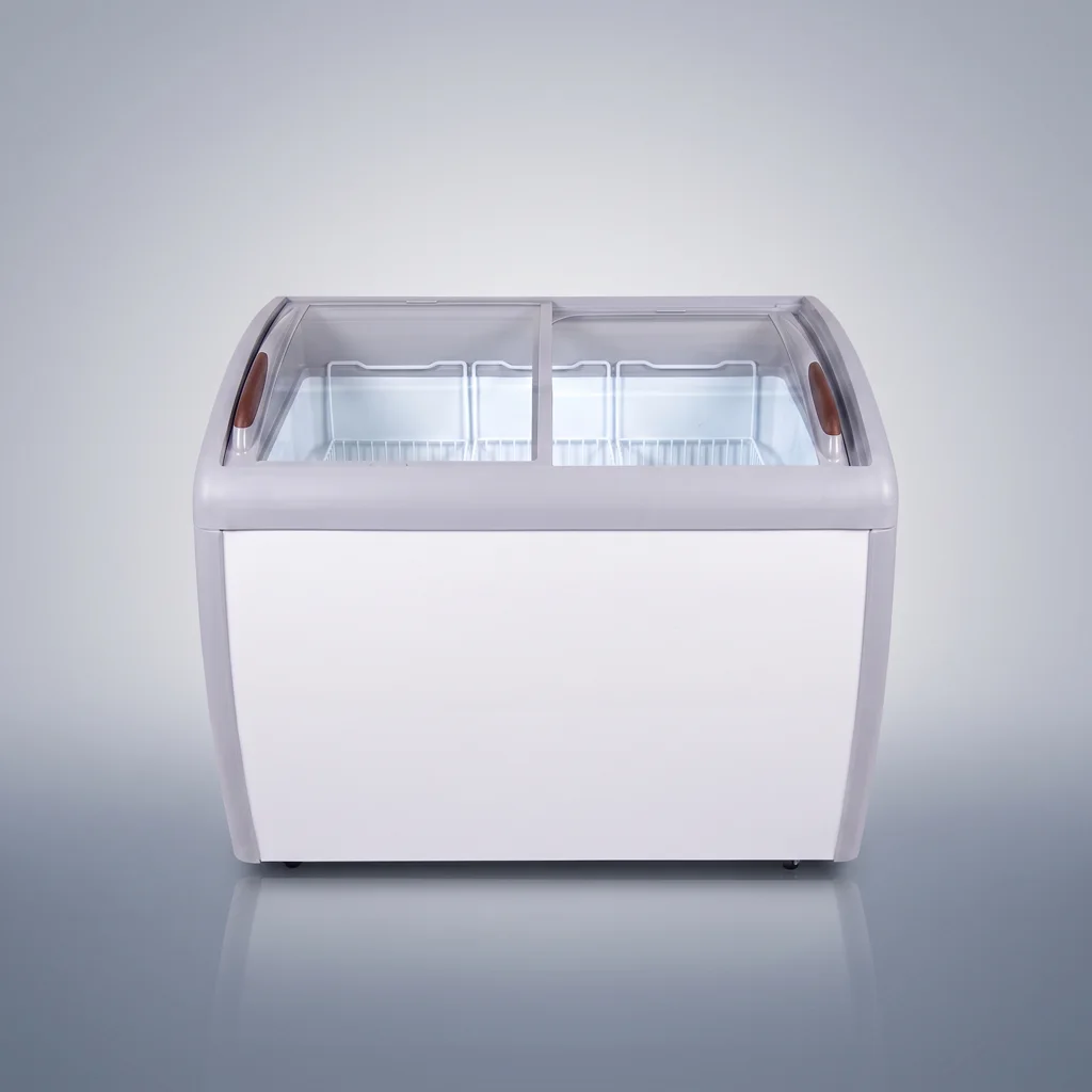 AANRS glass chest freezer rental Singapore, Kojima Glass Display Chest Freezer W/O Lights 270L, full unit on a plain studio background