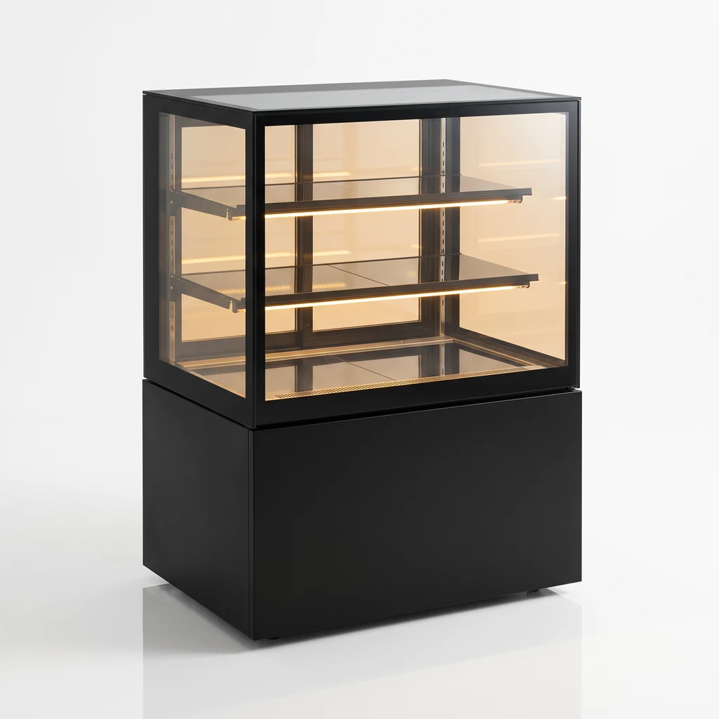 AANRS cake display chiller rental Singapore, Kojima three-layer 90cm black cake chiller with warm LED lighting, full unit on a plain studio background