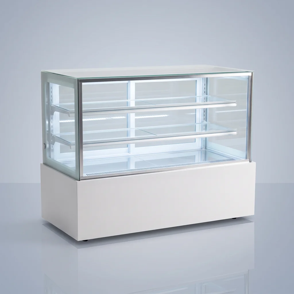 AANRS cake chiller rental Singapore, Kojima Three-Layer Cake Display Chiller B150L3-W-C (White LED / 150cm / White Finishing), full unit on a plain studio background
