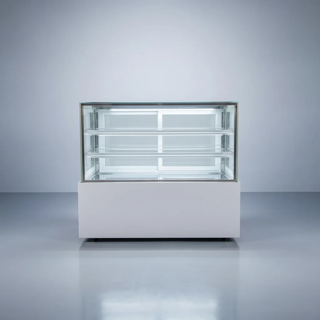 AANRS cake chiller rental Singapore, Kojima Three-Layer Cake Display Chiller B120L3-W-C (White LED / 120cm / White Finishing), full unit on a plain studio background