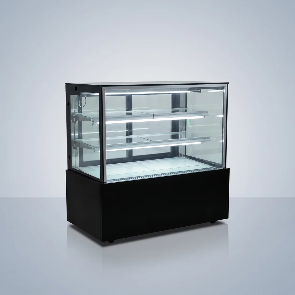AANRS cake chiller rental Singapore, Kojima Three-Layer Cake Display Chiller B120L3-B-C (White LED / 120cm / Black Finishing), full unit on a plain studio background