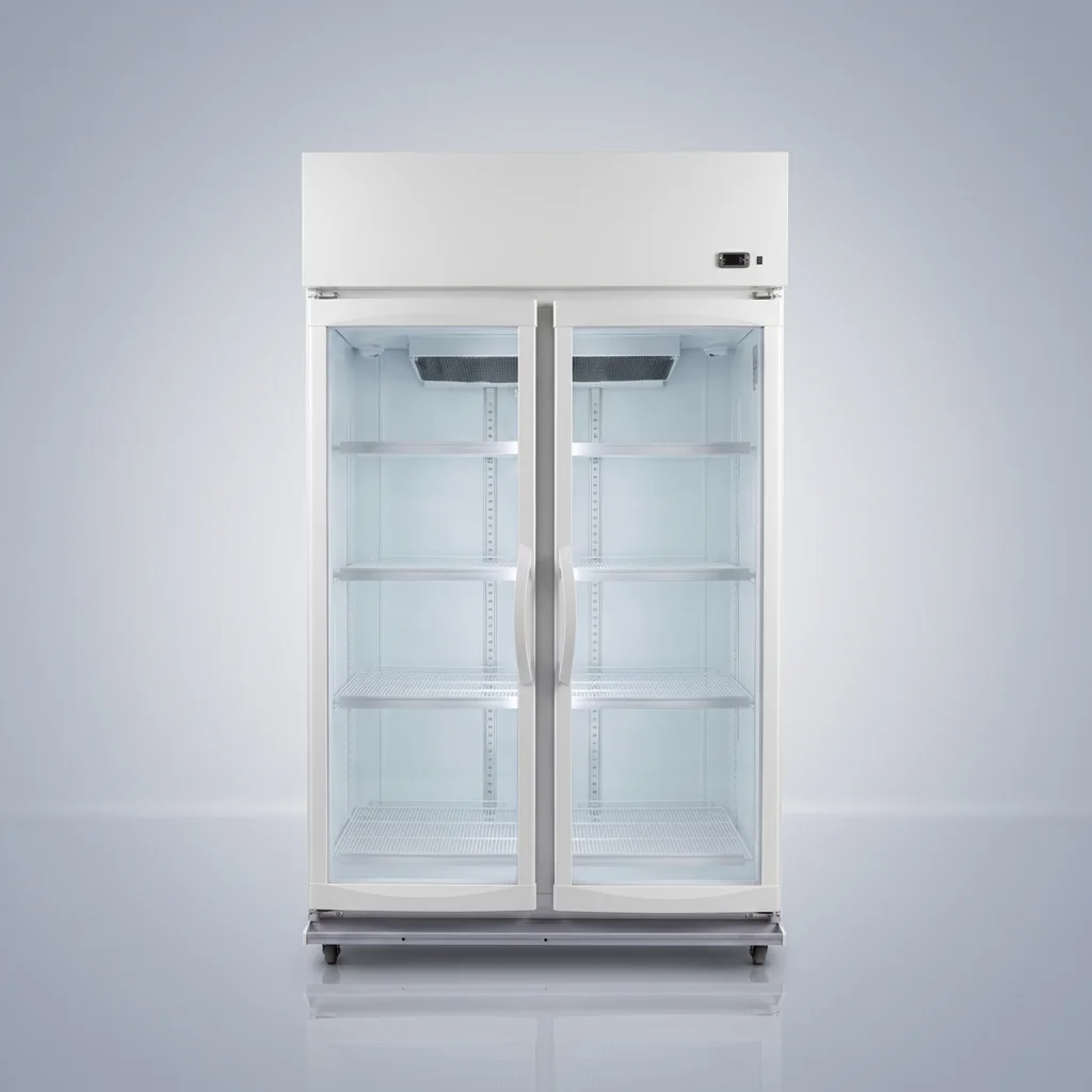 AANRS drink chiller rental Singapore, Panasonic 1030L Glass Display 2 Door Drink Chiller, full unit on a plain studio background