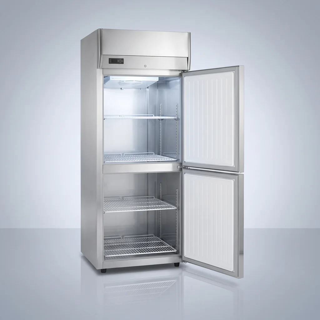 AANRS upright freezer rental Singapore, Panasonic 2-door Upright Stainless-Steel Fridge (Freezer), full unit on a plain studio background
