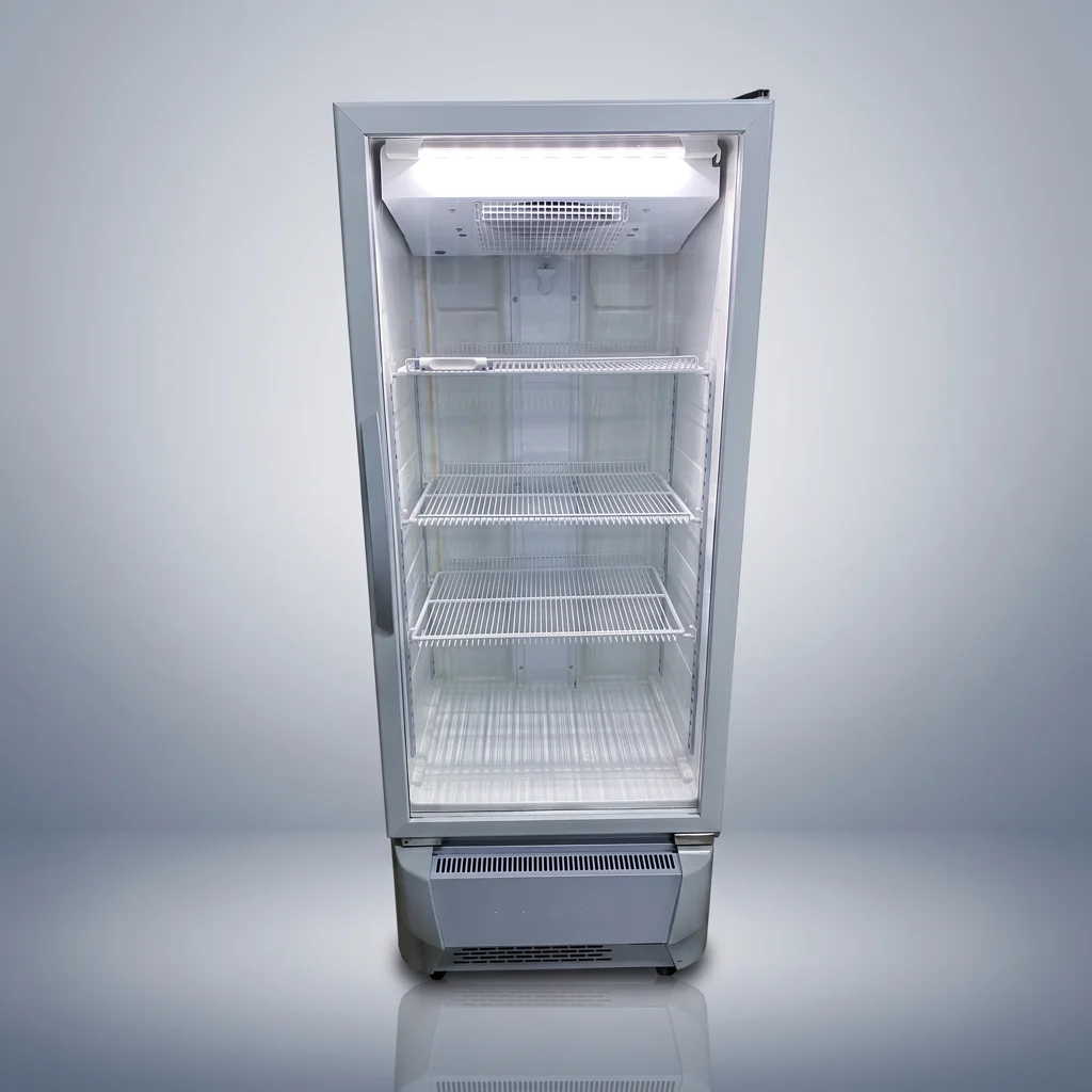 AANRS drink chiller rental Singapore, Panasonic 248L Glass Display 1 Door Drink Chiller, full unit on a plain studio background