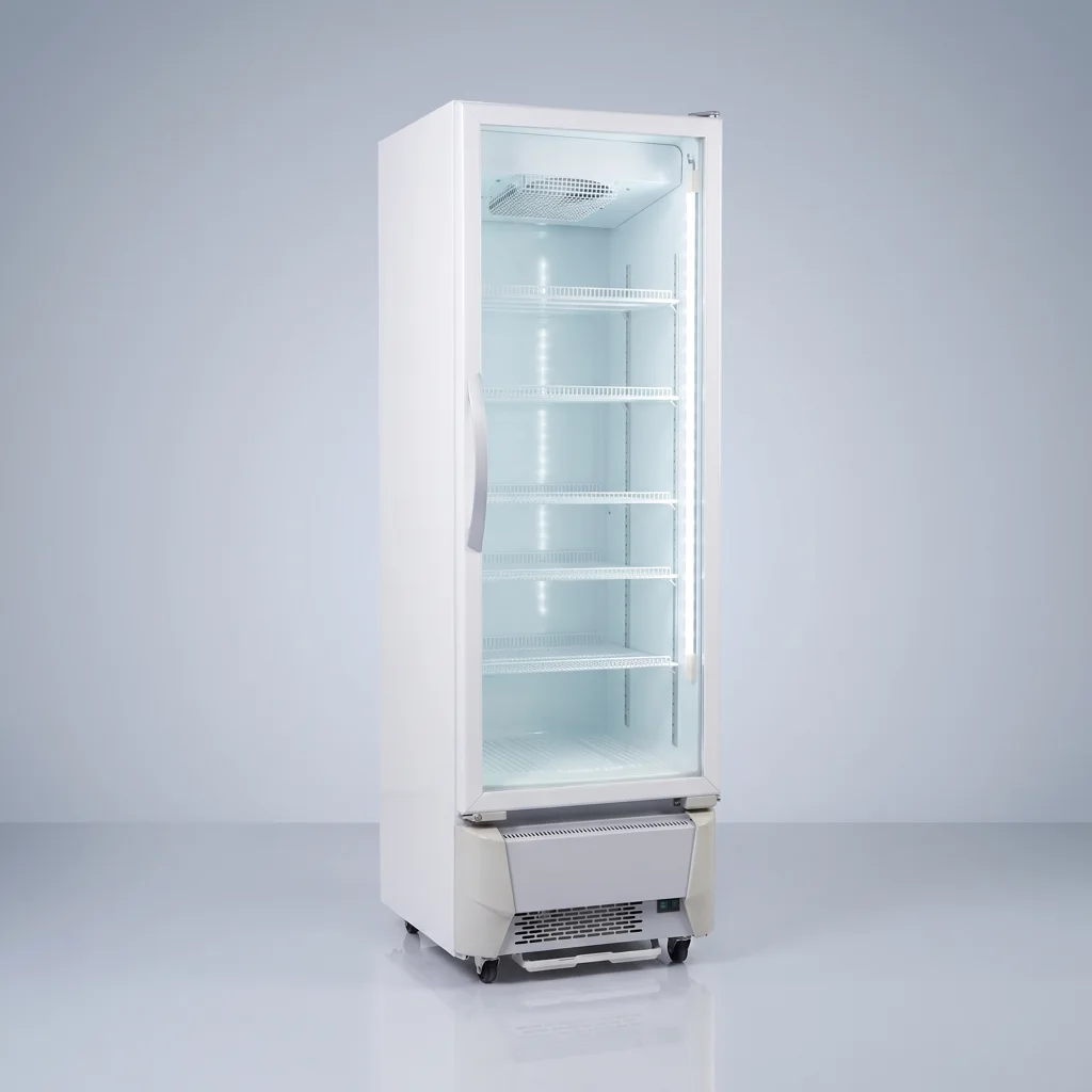 AANRS drink chiller rental Singapore, Panasonic 330L Glass Display 1 Door Drink Chiller, full unit on a plain studio background
