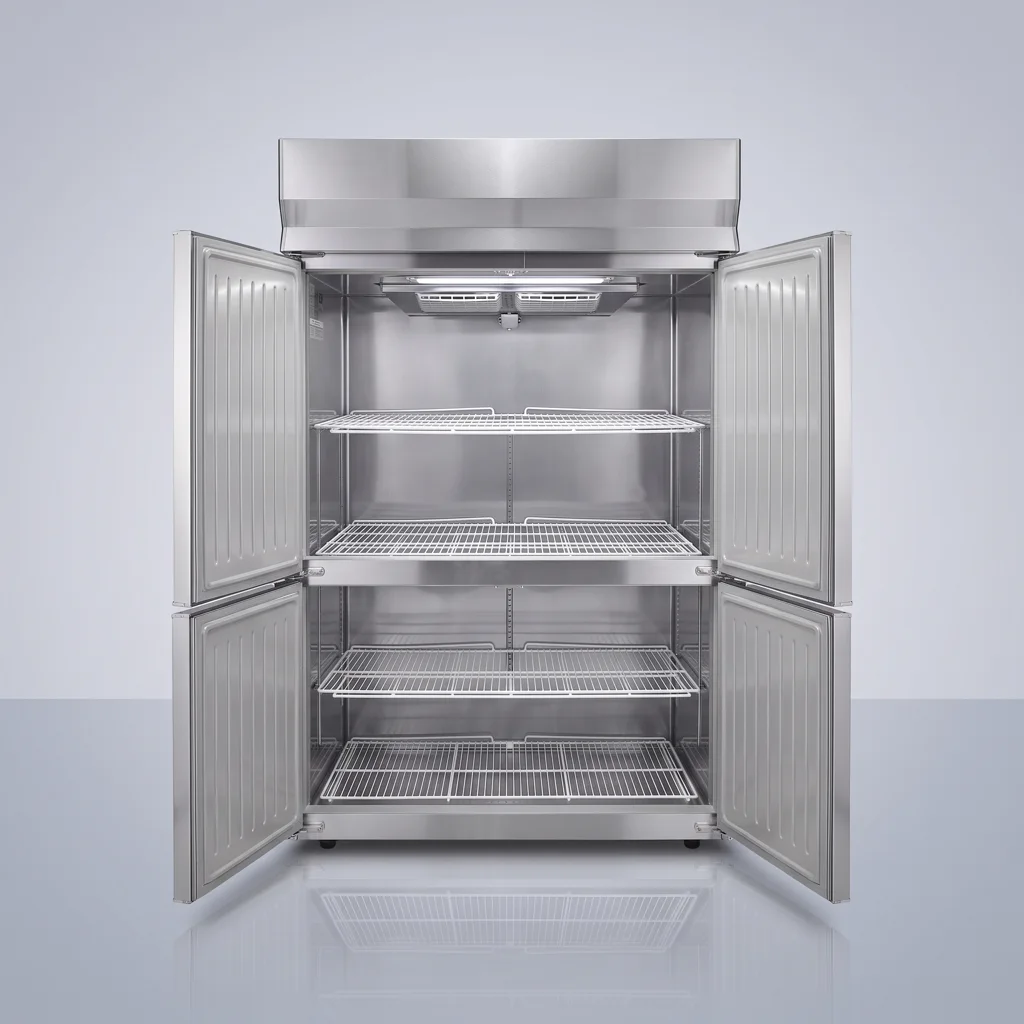 AANRS upright chiller rental Singapore, Panasonic 4-door Upright Stainless-Steel Fridge (Chiller), full unit on a plain studio background