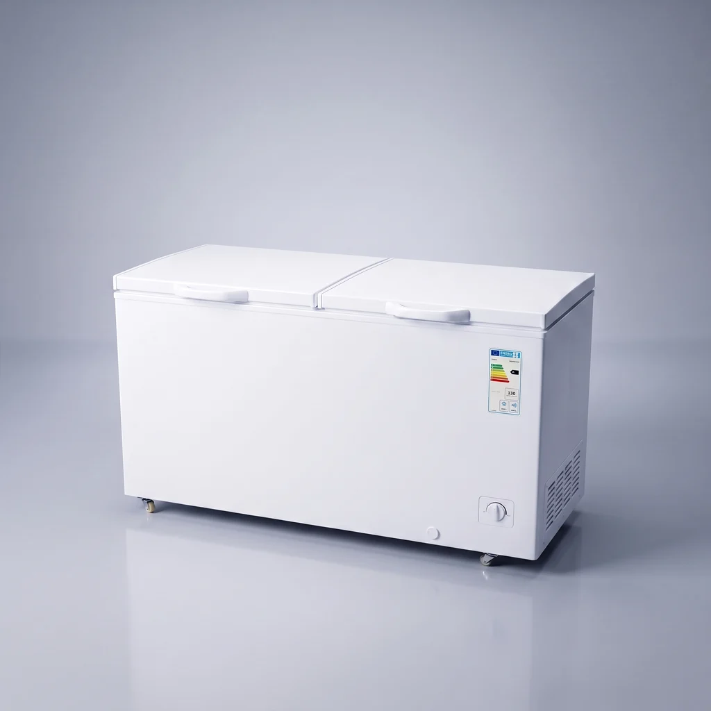 AANRS chest freezer rental Singapore, SAMPRA 530L Chest Freezer (Double Door), full unit on a plain studio background