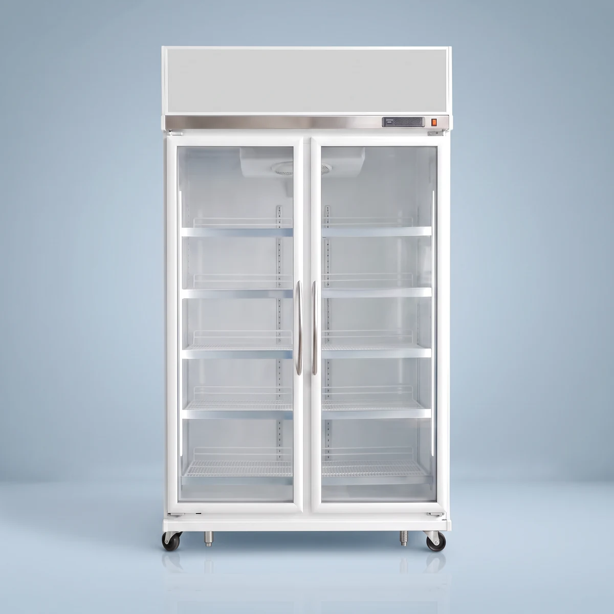 AANRS TY 1065L two-door glass display drink chiller rental Singapore, white cabinet with light grey signage board and lit glass doors