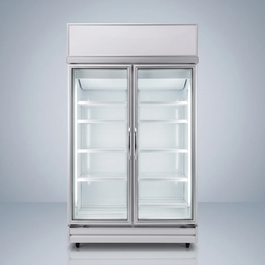 AANRS drink chiller rental Singapore, YODA 970L Glass Display 2 Door Drink Chiller, full unit on a plain studio background