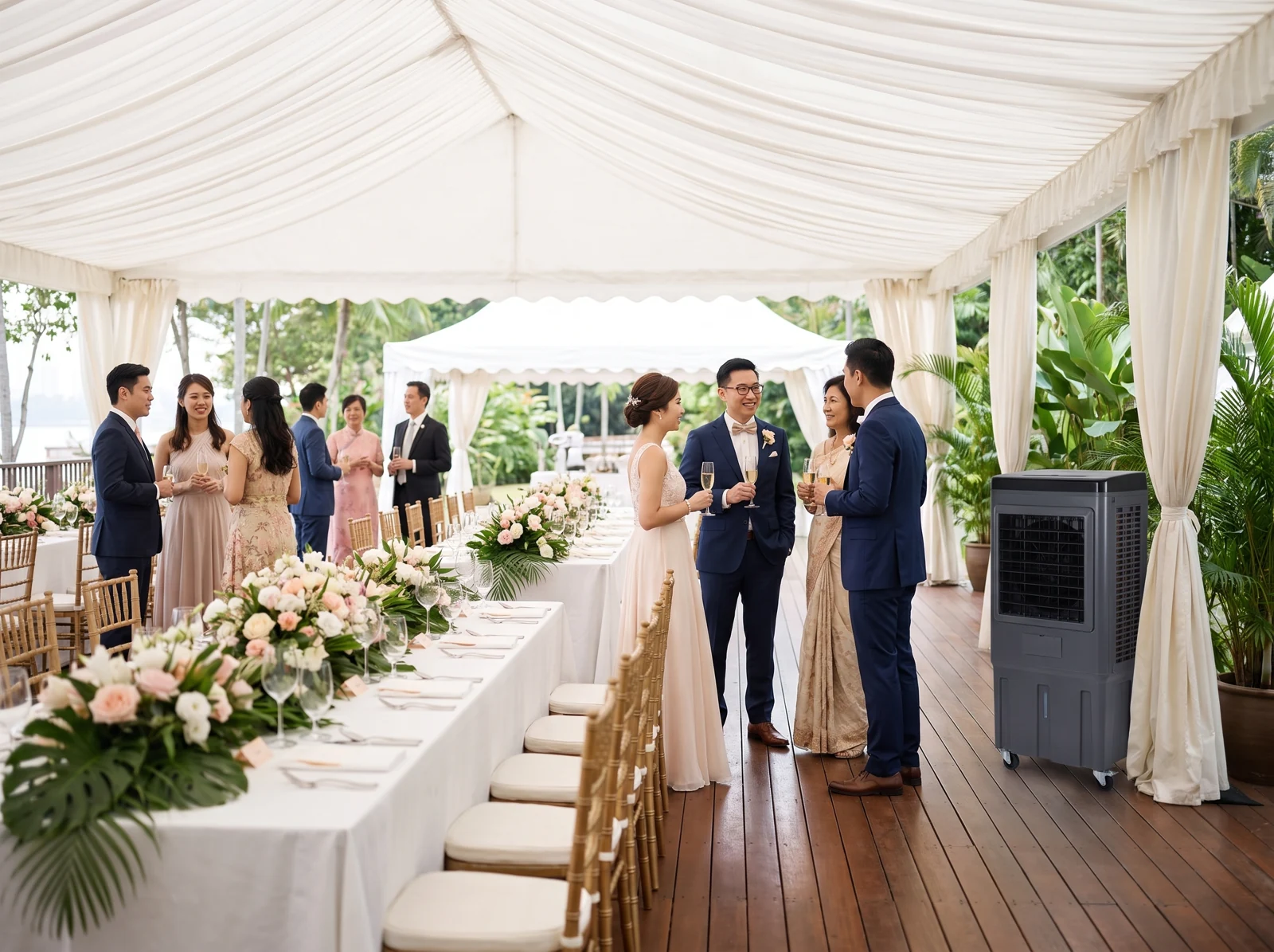 AANRS air cooler rental Singapore, moving air at an outdoor marquee wedding lunch