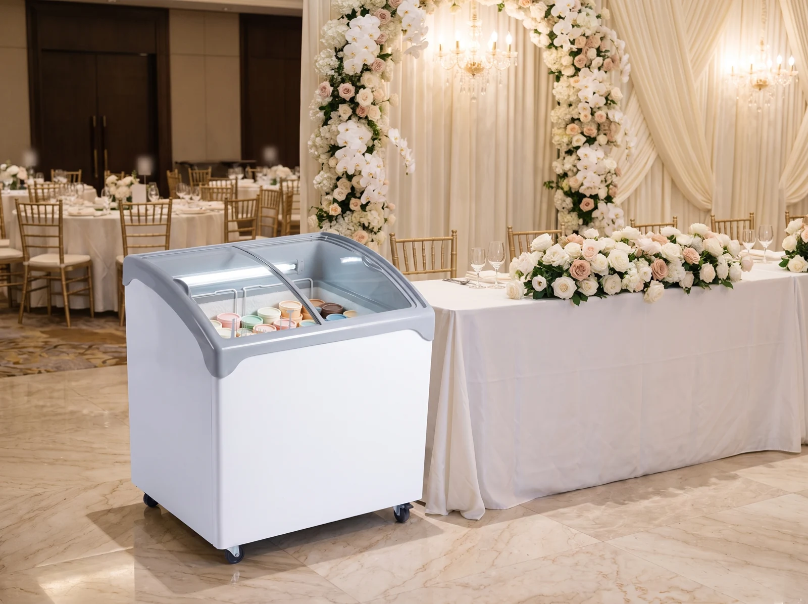 AANRS chest freezer rental Singapore, self serve ice cream cups beside the reception table