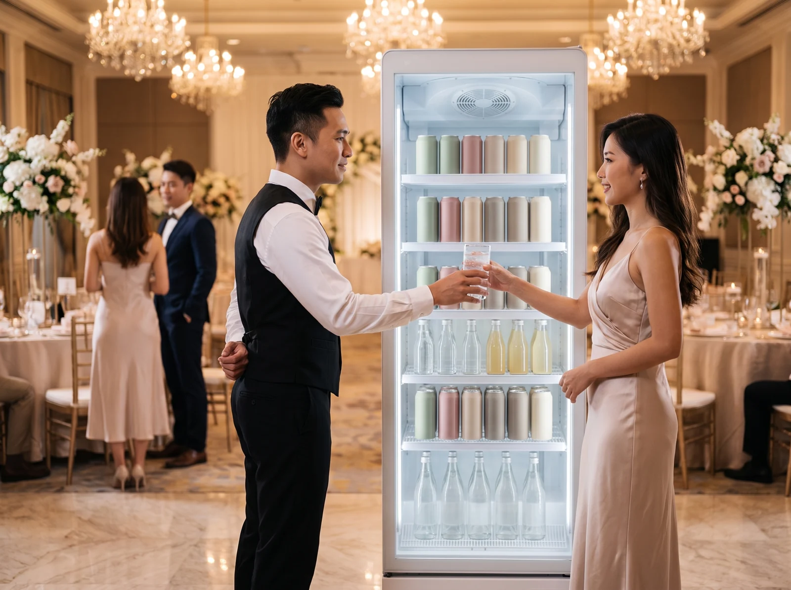 AANRS drink chiller rental Singapore, a waiter serving a guest at the ballroom bar