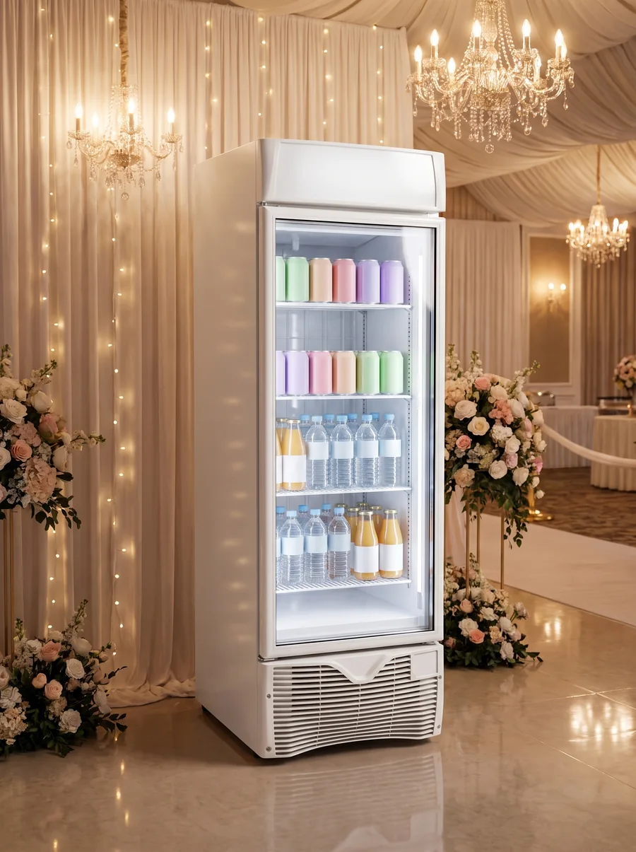 AANRS display fridge rental Singapore, a white single-door glass chiller in a chandelier-lit wedding reception