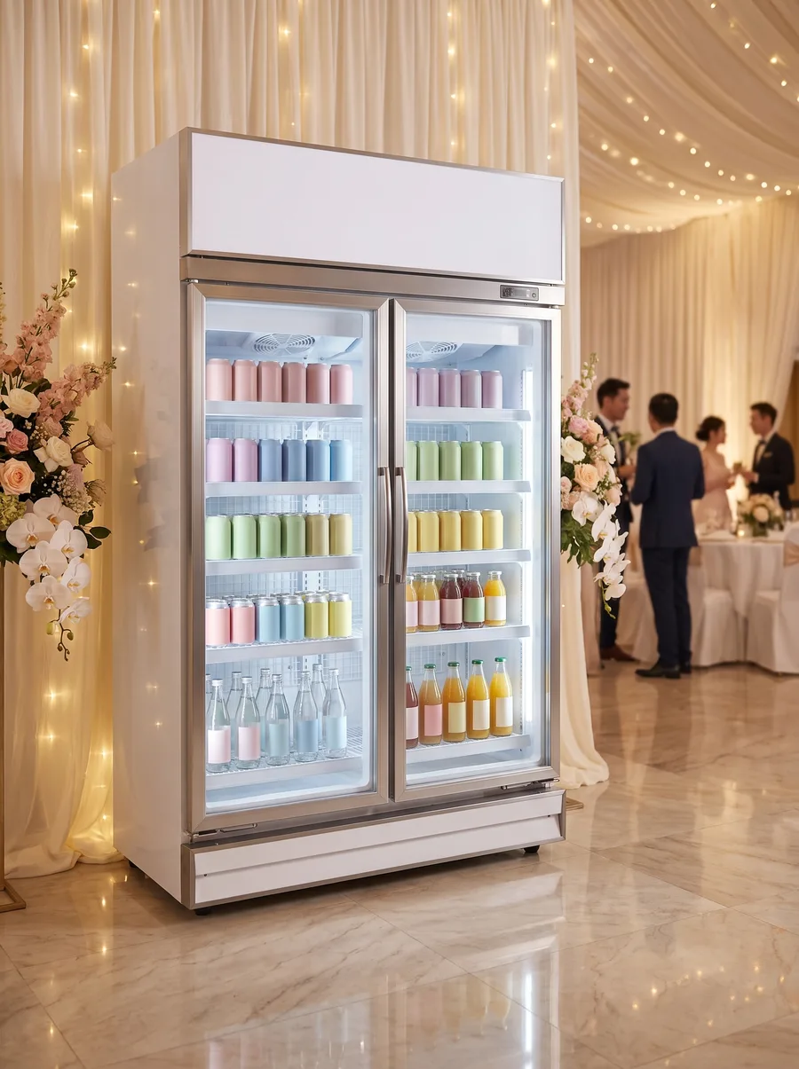 AANRS drink chiller rental Singapore, a 1030L twin-door unit stocked for a banquet-sized wedding