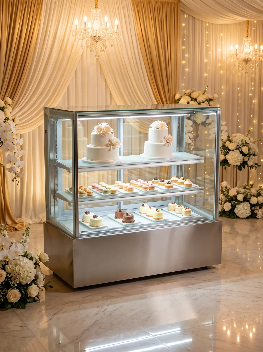 AANRS cake chiller rental Singapore, a three-tier glass display at a wedding dessert table