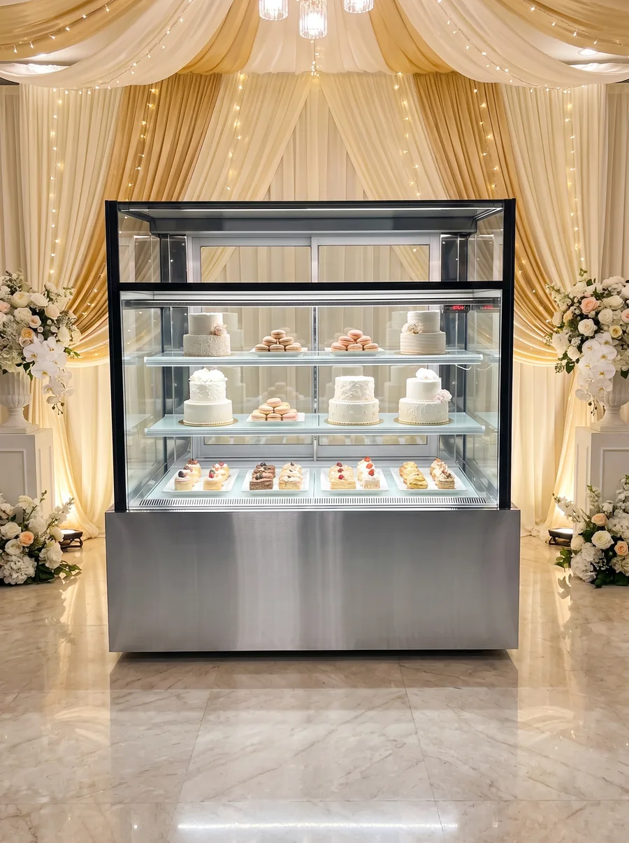 AANRS cake chiller rental Singapore, a three-plus-one tier display of wedding cakes and pastries
