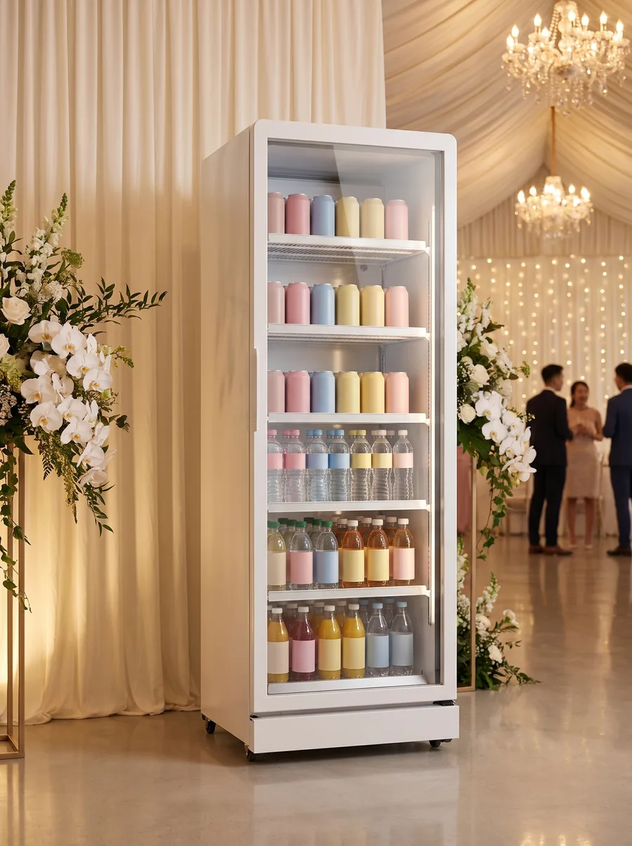 AANRS drink chiller rental Singapore, a 434L glass-door unit holding welcome drinks in a wedding marquee