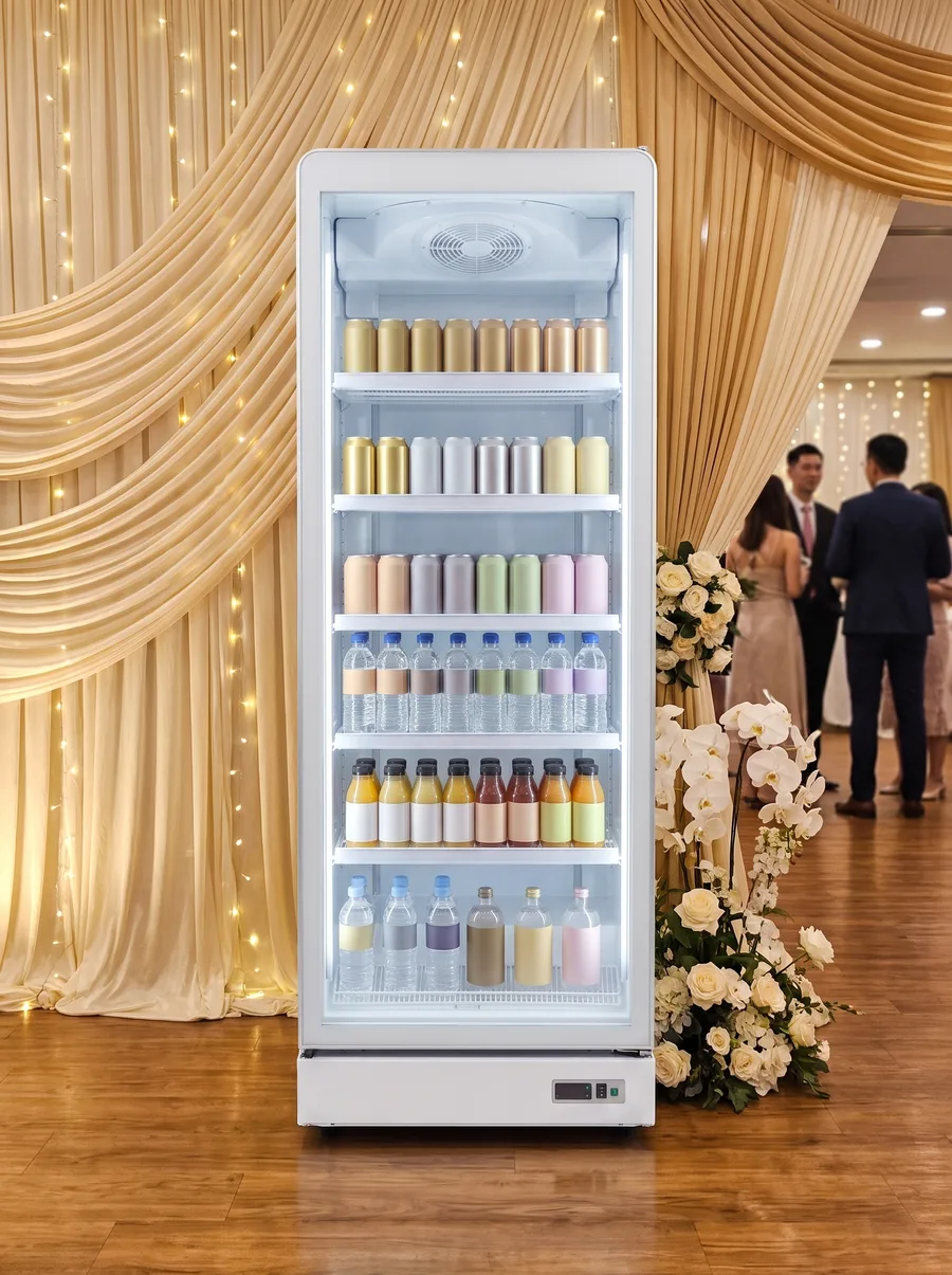 AANRS drink chiller rental Singapore, a 500L glass-door unit stocked beside a draped wedding bar