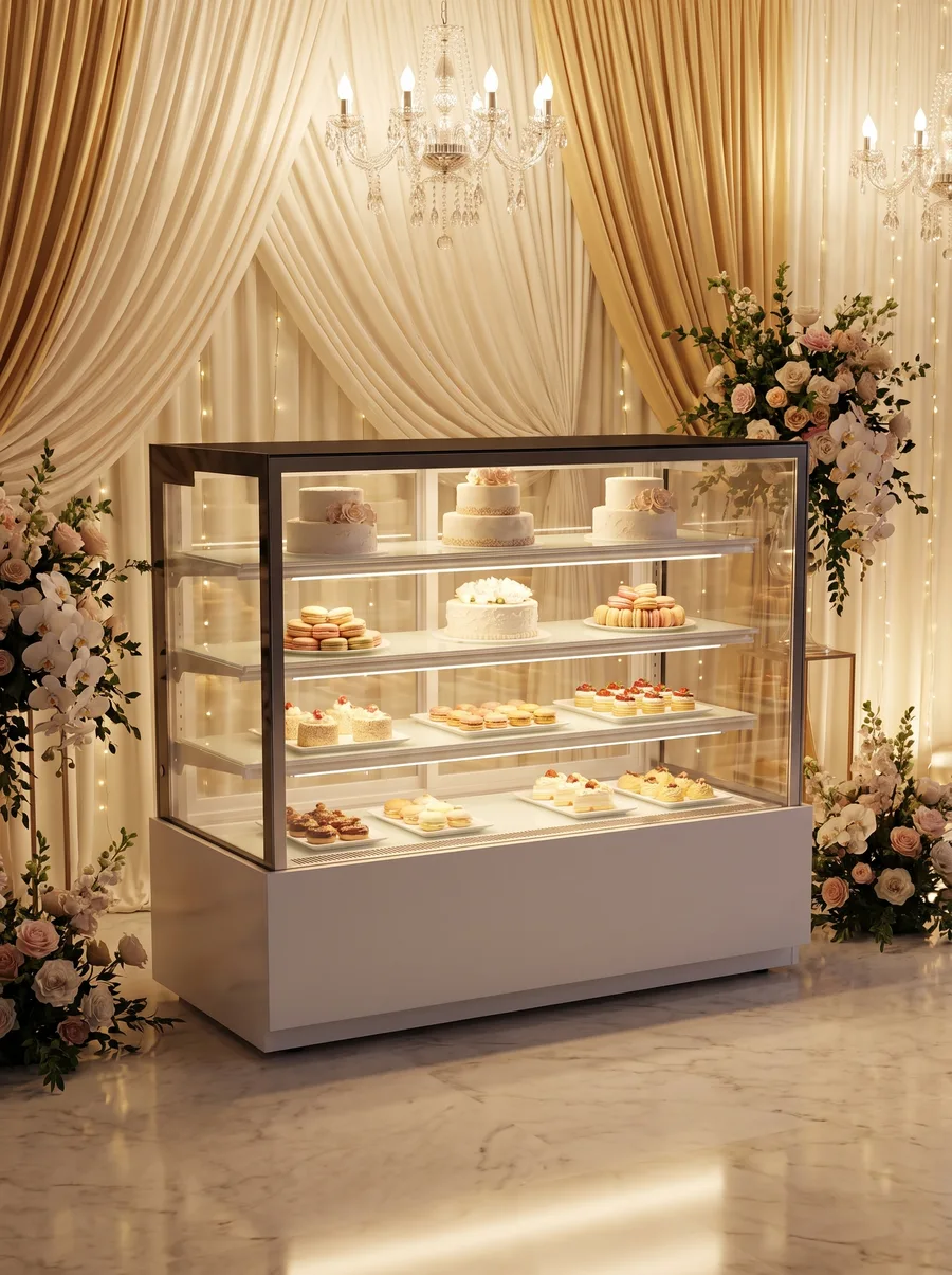 AANRS cake chiller rental Singapore, a white four-tier display holding a wedding cake and pastries