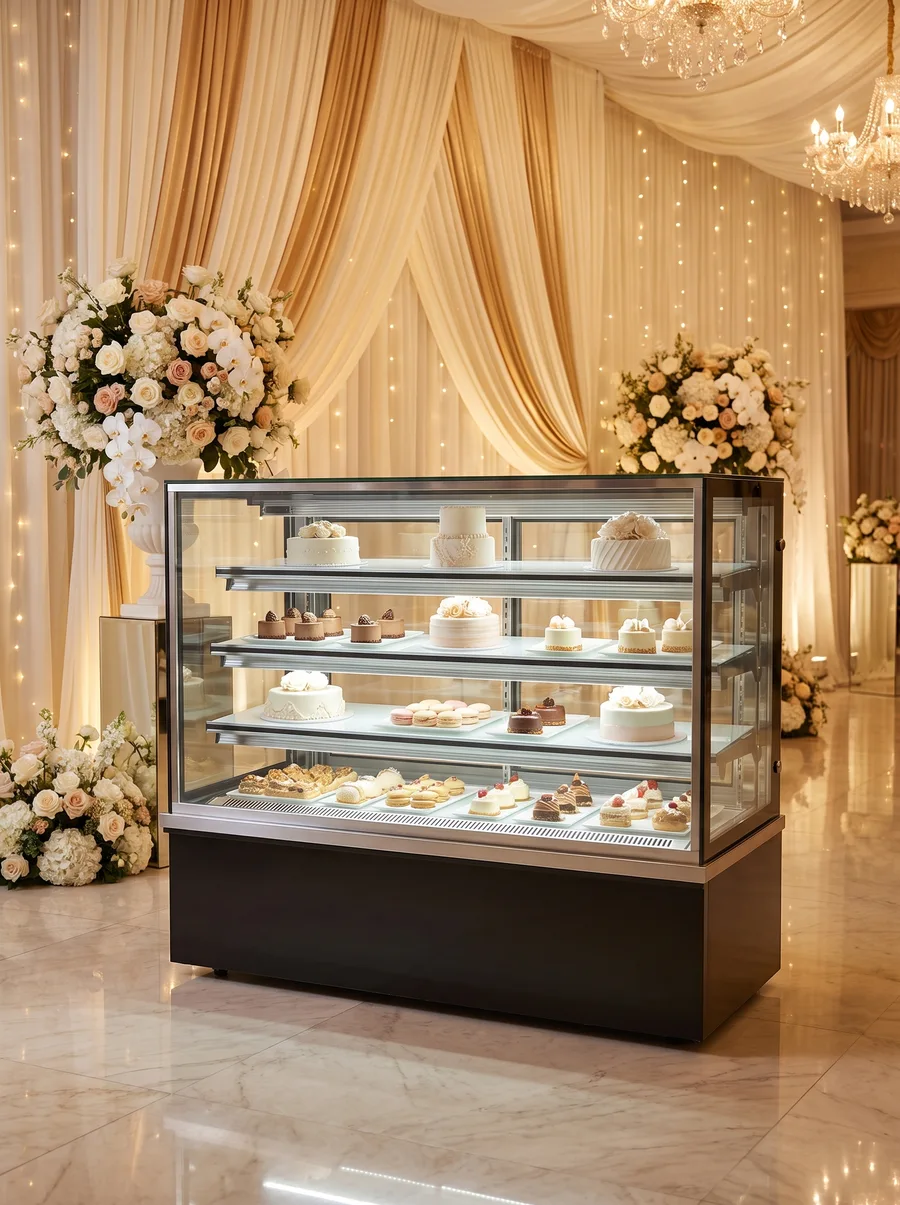 AANRS cake chiller rental Singapore, a four-tier lit display holding wedding cakes and desserts