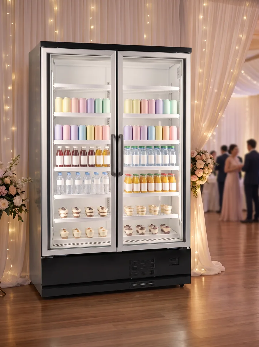 AANRS display fridge rental Singapore, a two-door glass chiller holding wedding drinks and plated desserts